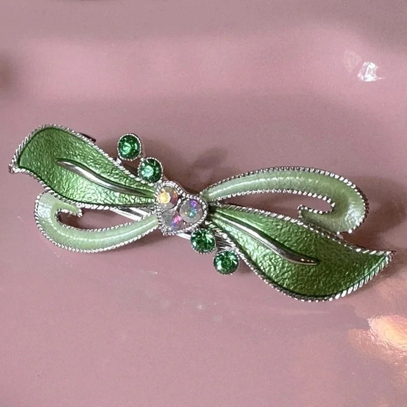 Light Green Enamel and Crystal Bow & Heart Hair Barrette - Picture 3 of 7